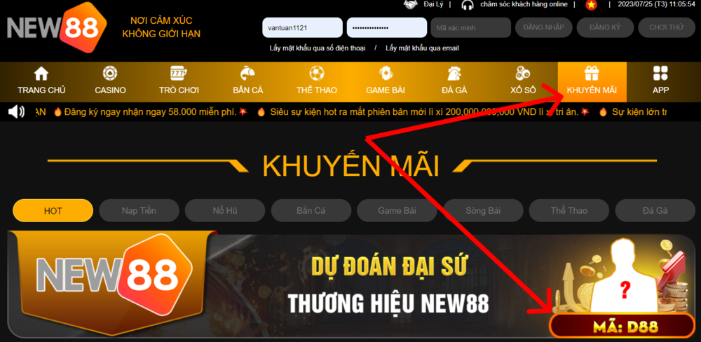 Chọn mục Khuyến mãi và chọn chương trình với mã code D88