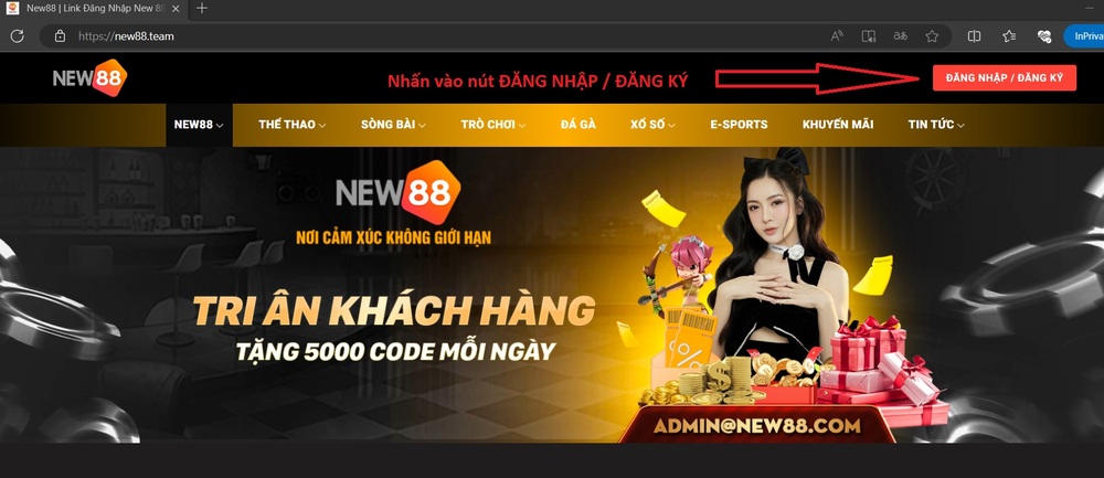 Truy cập trang chủ New88.team và nhấn nút Đăng ký / Đăng nhập